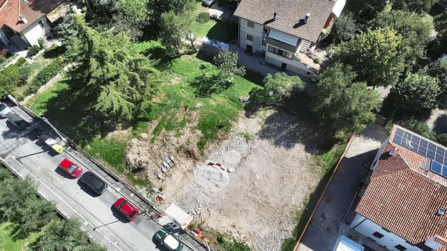 Zemljišče po rušitvi: zemlja, ruševine in trata s cedro