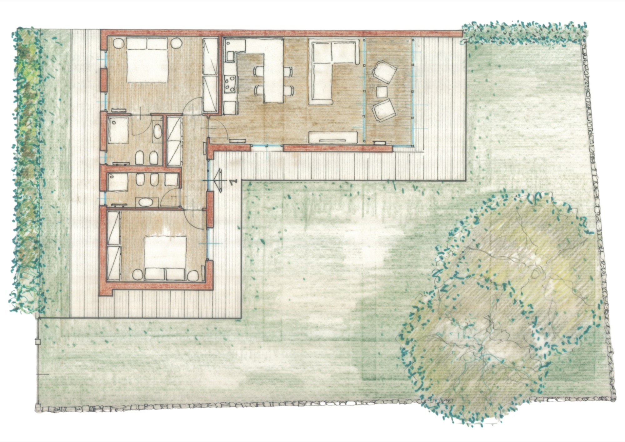 Planimetria unità 1 — piano terra, trilocale con giardino 226 m²