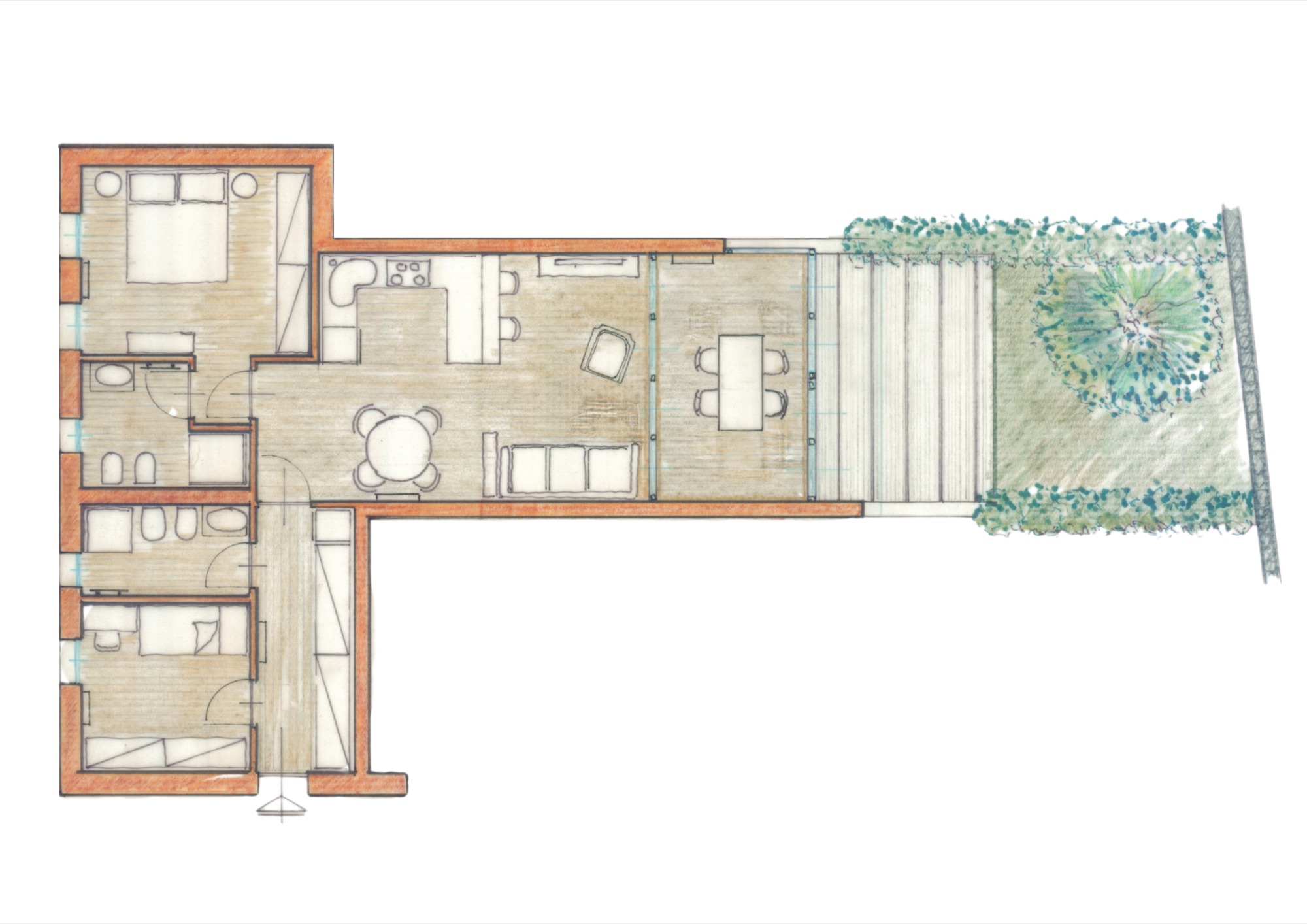 Planimetria unità 2 — piano terra, trilocale con giardino 36 m²
