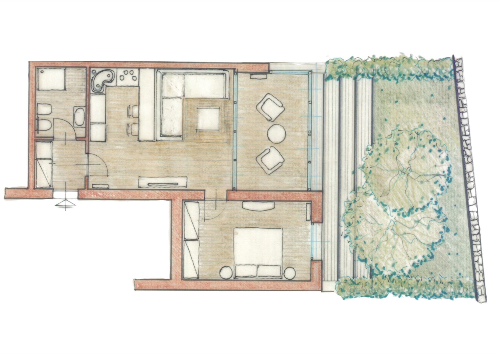 Planimetria unità 3 — piano terra, bilocale con giardino 45 m²