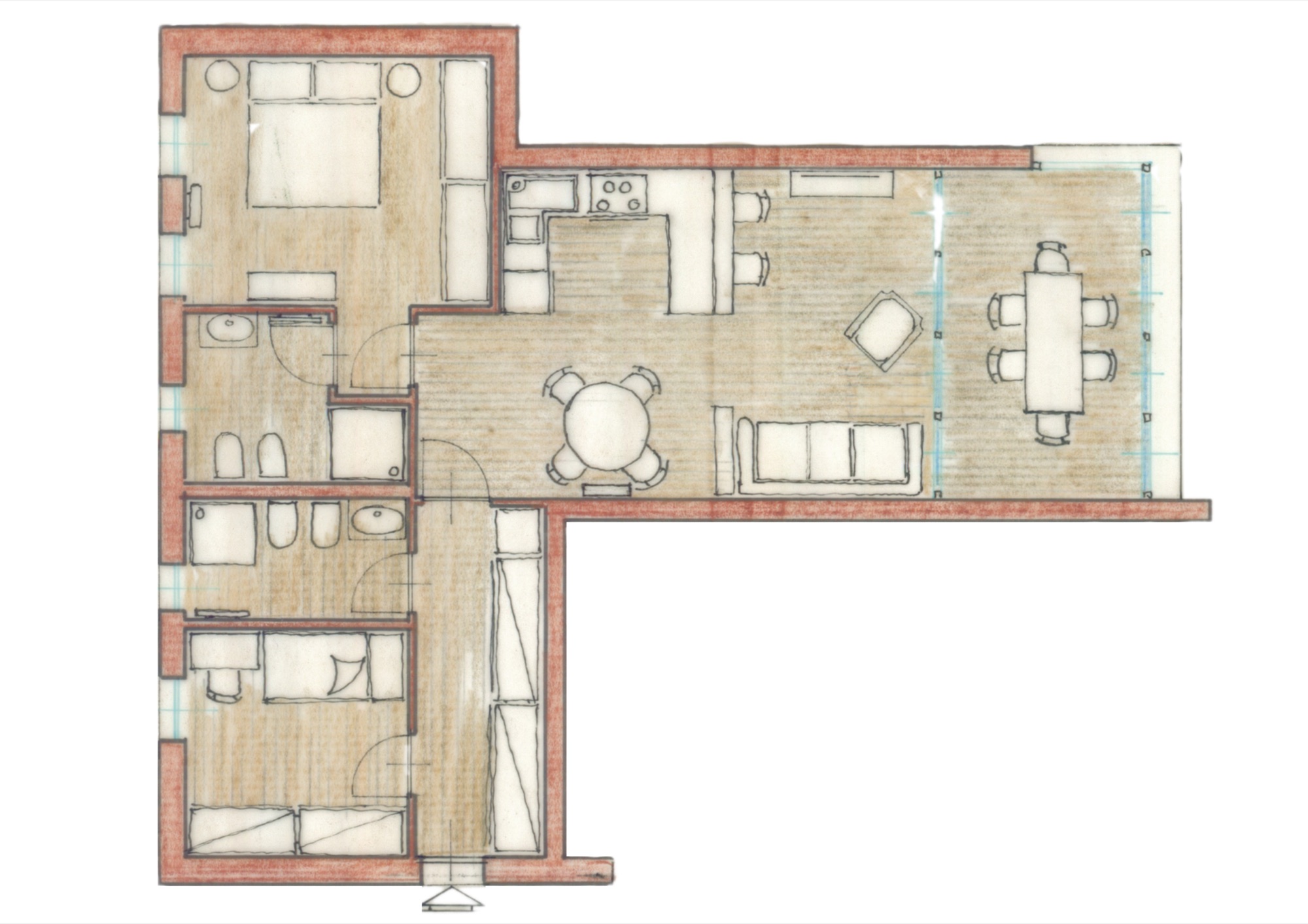 Planimetria unità 6 — piano primo, trilocale con terrazza 12 m²