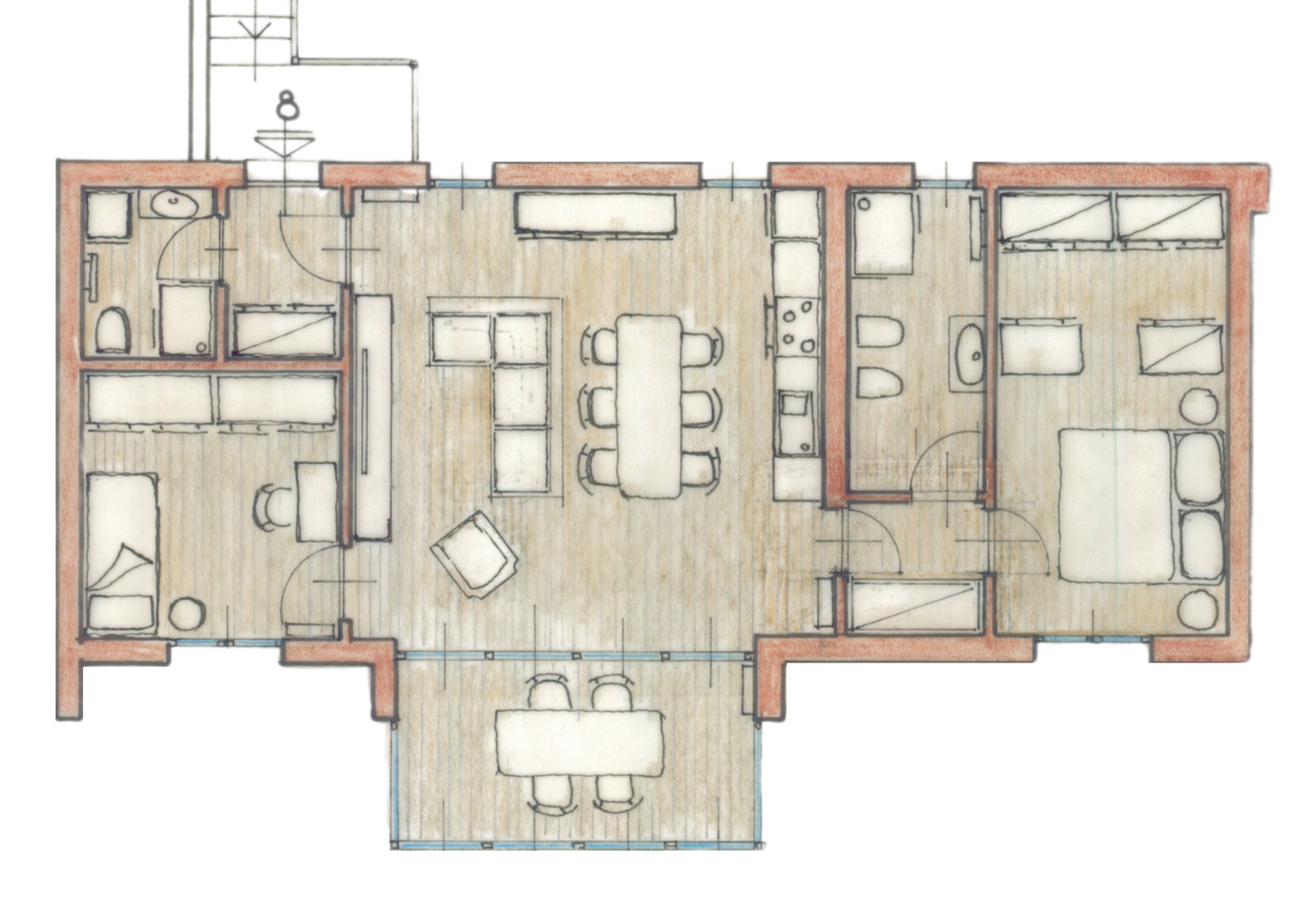 Planimetria unità 8 — piano primo, trilocale con terrazza 12 m²